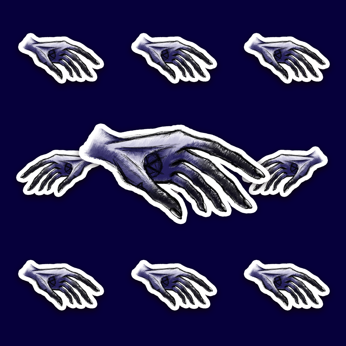 Pale purple gothic hand with long black fingers and a dark circular marking.