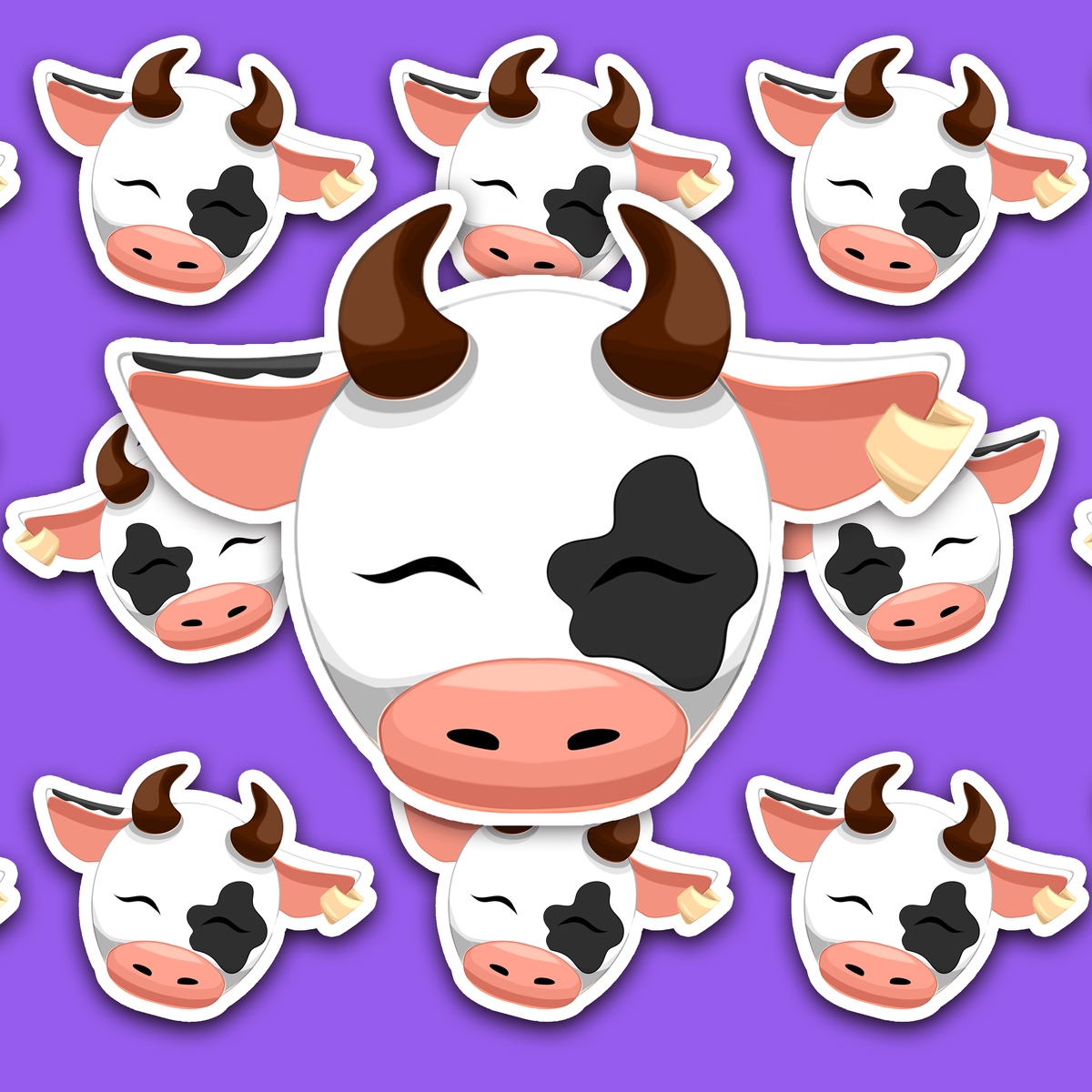 Cute white and black cow sticker with pink muzzle and golden bell.