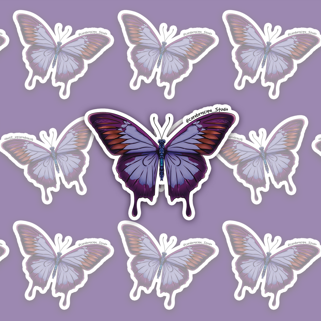 Lilac and dark purple butterfly sticker with long trailing hindwings.