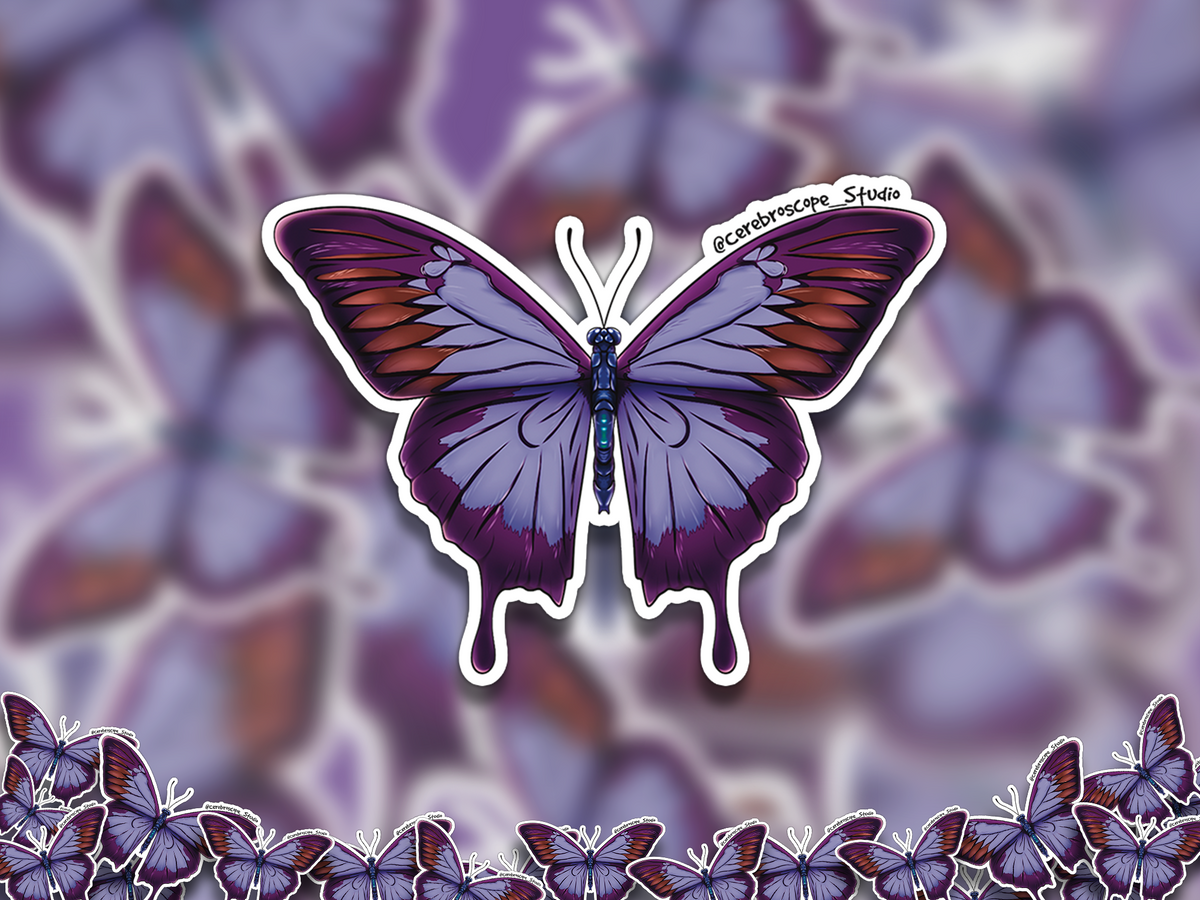 Alternate mockup 2: Lilac and dark purple butterfly sticker with long trailing hindwings.