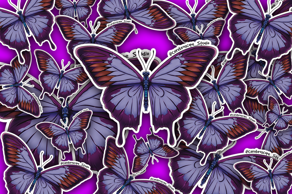 Alternate mockup 3: Lilac and dark purple butterfly sticker with long trailing hindwings.