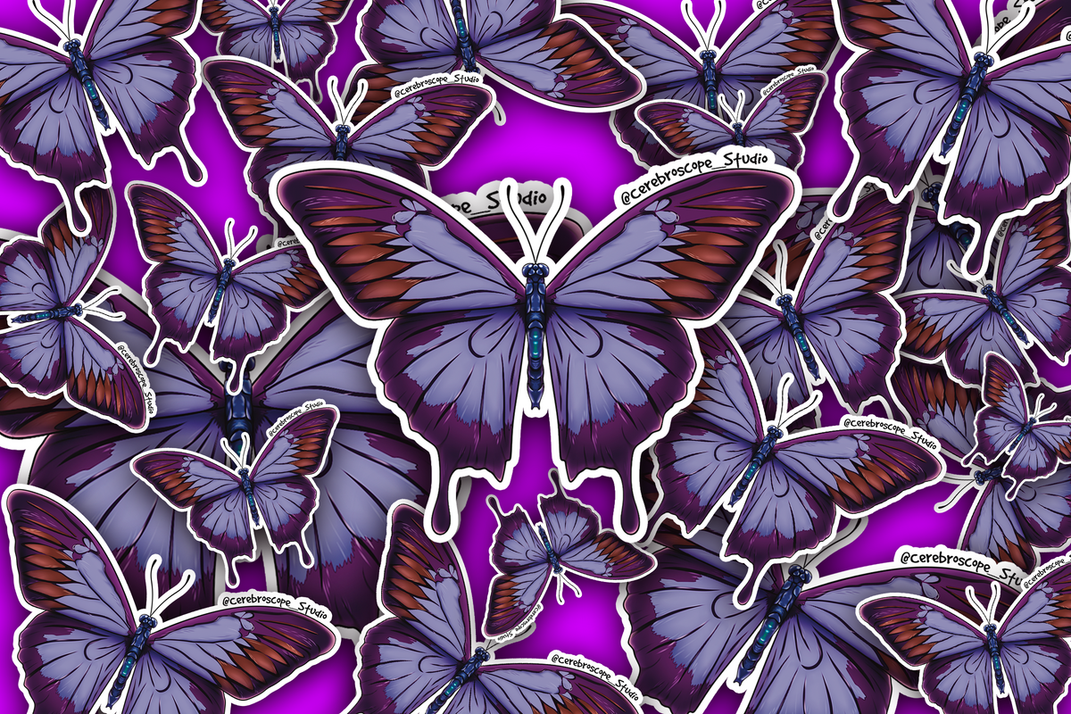 Alternate mockup 3: Lilac and dark purple butterfly sticker with long trailing hindwings.