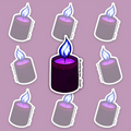 Dark purple candle with glowing violet melted wax and a bright blue-white flame.