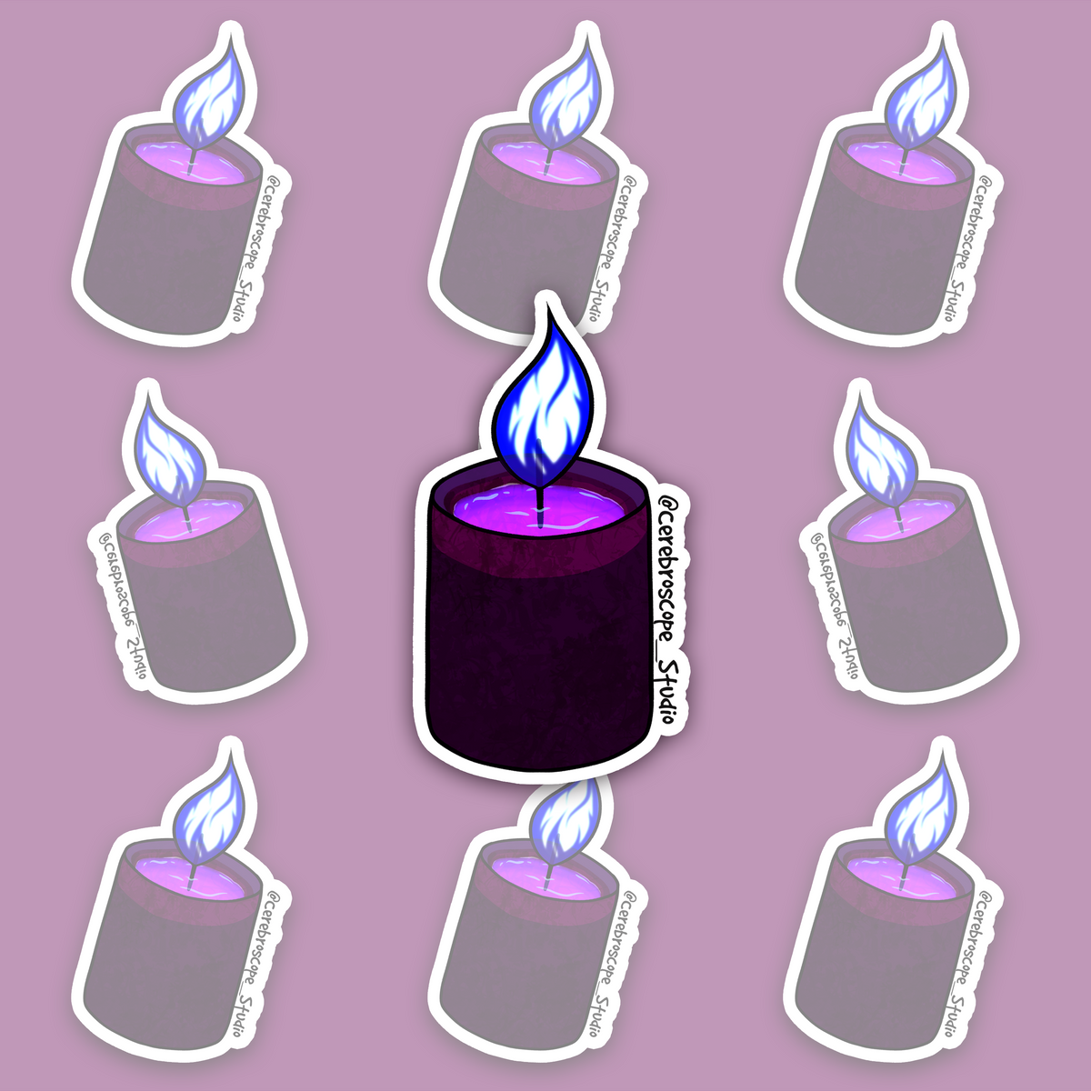 Dark purple candle with glowing violet melted wax and a bright blue-white flame.