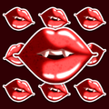 Glossy bright red lips with two prominent white vampire-like fangs.