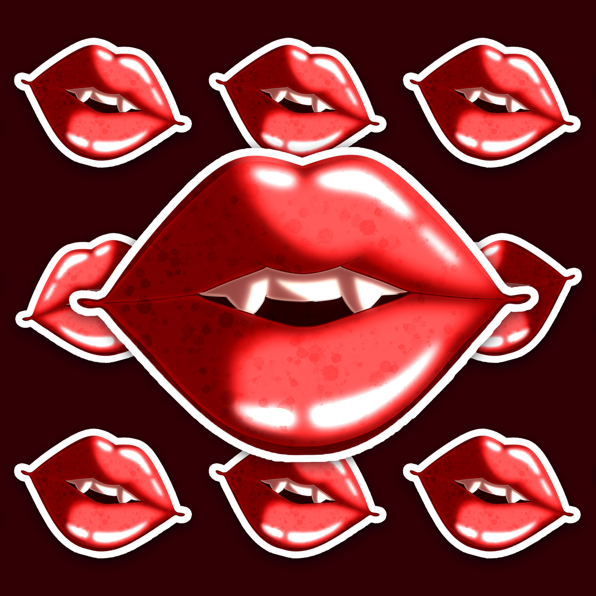 Glossy bright red lips with two prominent white vampire-like fangs.