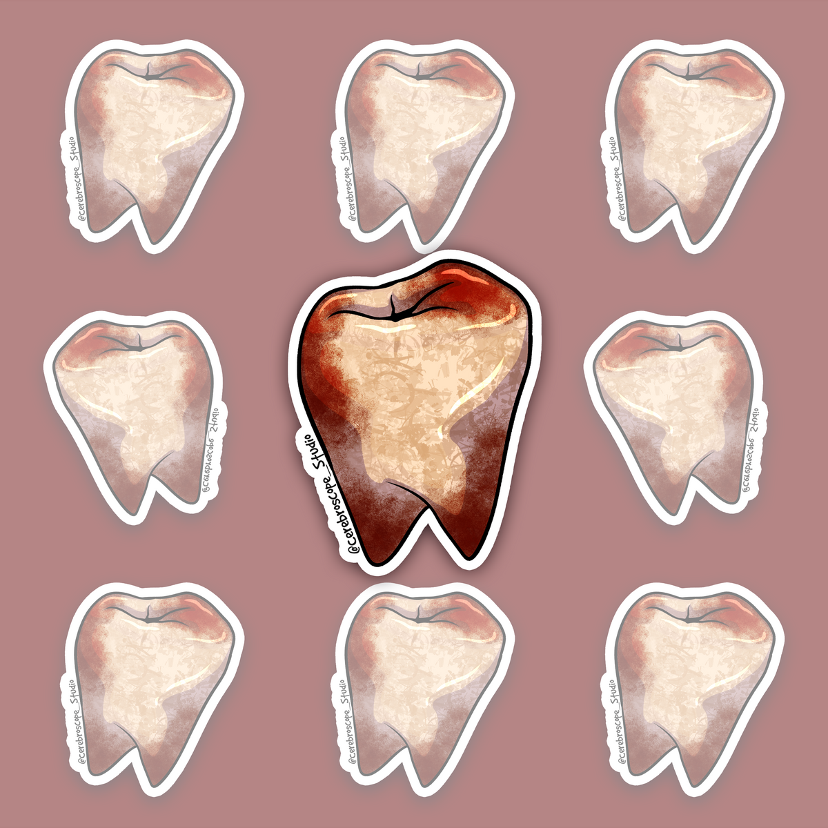 Bloody extracted tooth sticker with ivory enamel and dark red details.