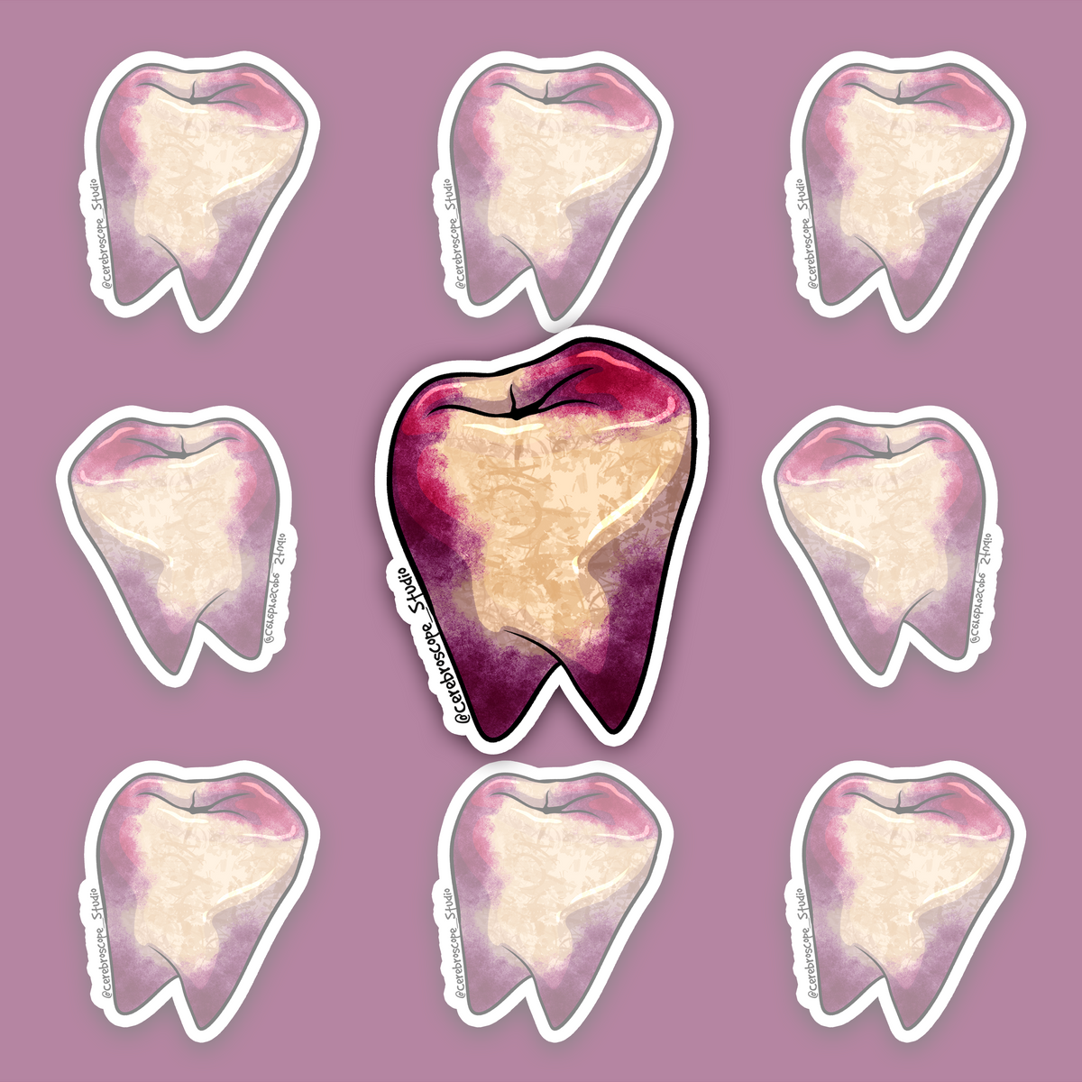 Ivory tooth sticker with vivid pink, lilac and purple staining.