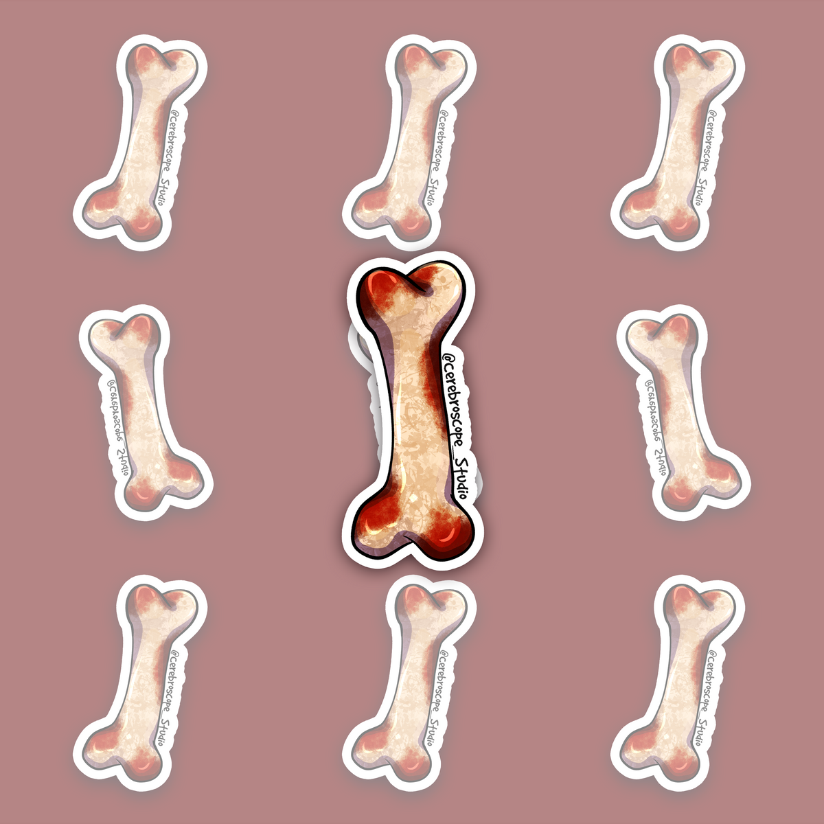Pale bloody bone sticker with dark red anatomical details.