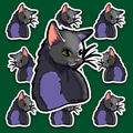 Dark charcoal cat sticker with white markings shaded lilac, green-yellow eyes and a small visible fang.