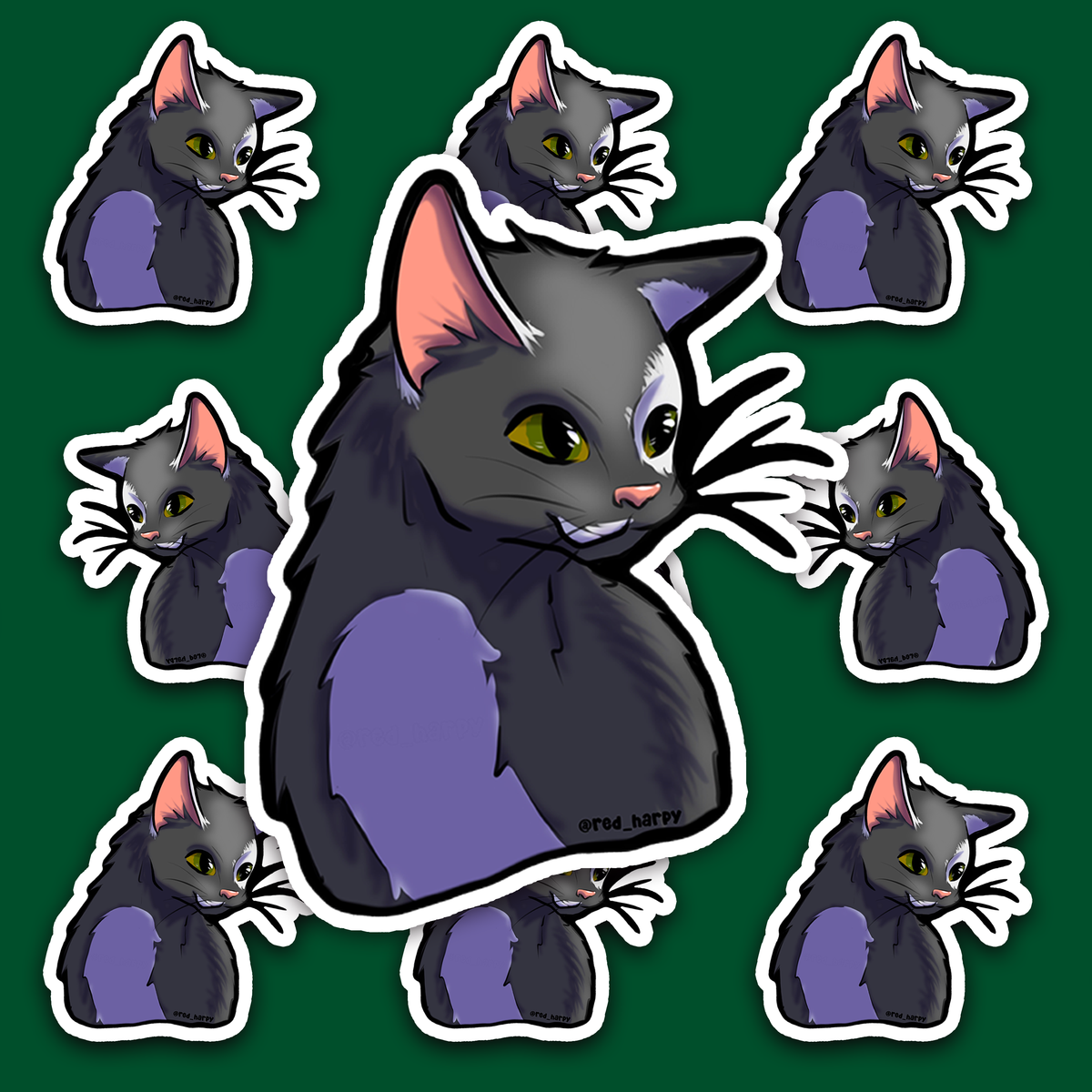 Dark charcoal cat sticker with white markings shaded lilac, green-yellow eyes and a small visible fang.
