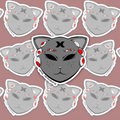 Grey eldritch cat sticker with multiple red eyes and triple moon