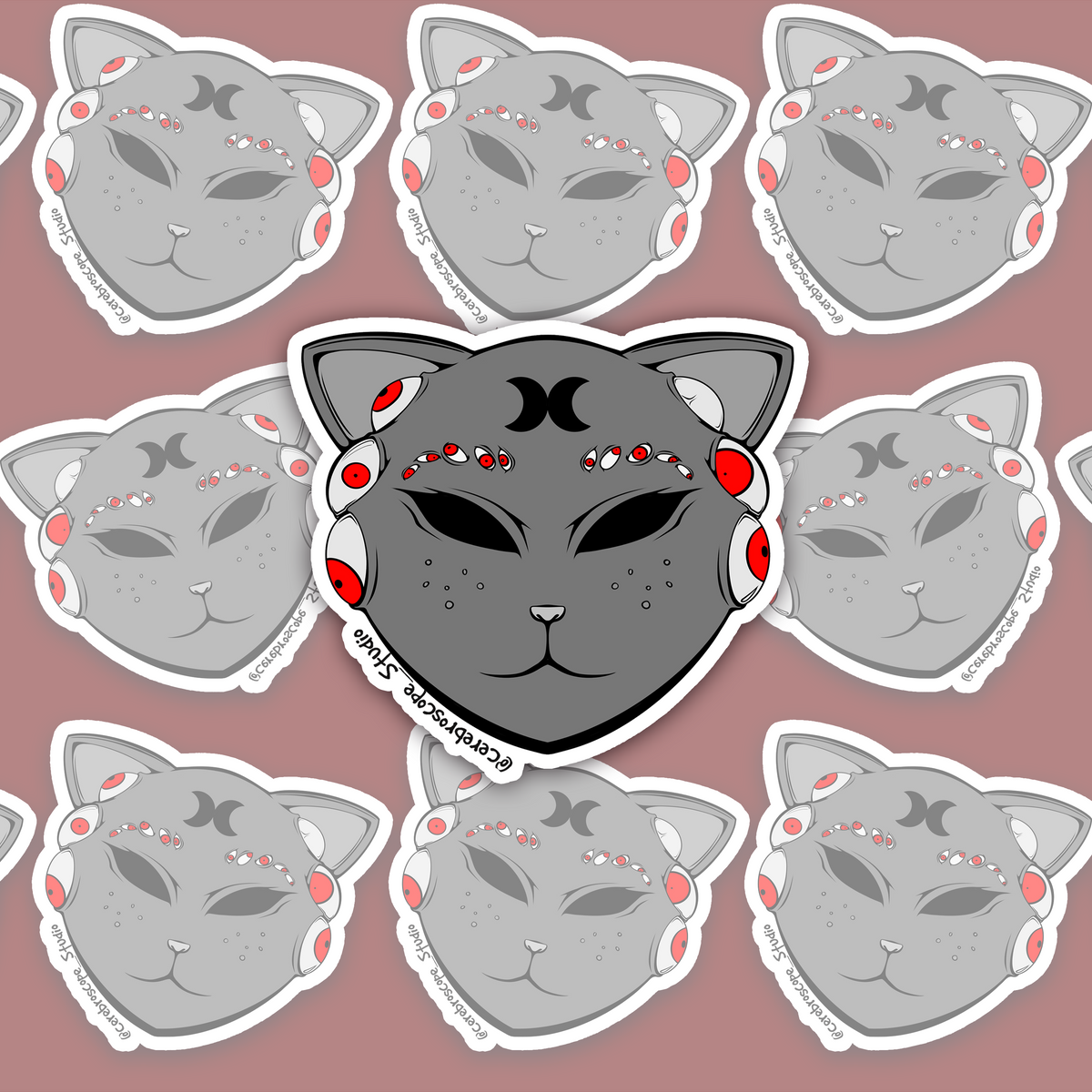 Grey eldritch cat sticker with multiple red eyes and triple moon