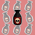 Opaque black poison bottle with a deep red label featuring a cream-colored skull.