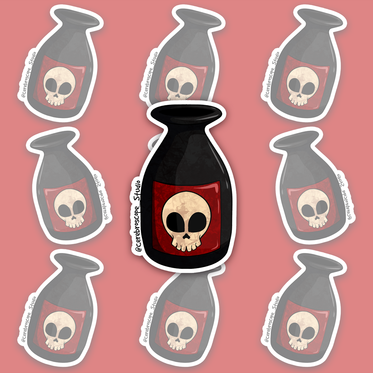 Opaque black poison bottle with a deep red label featuring a cream-colored skull.