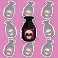 Black poison bottle sticker with lilac label and skull emblem.