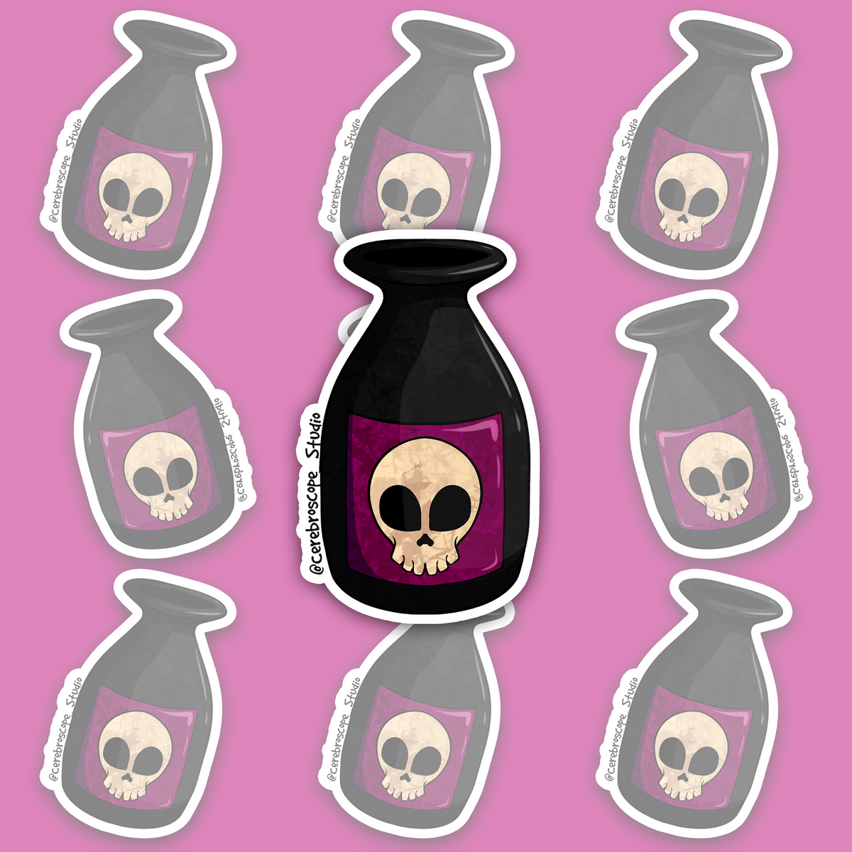 Black poison bottle sticker with lilac label and skull emblem.