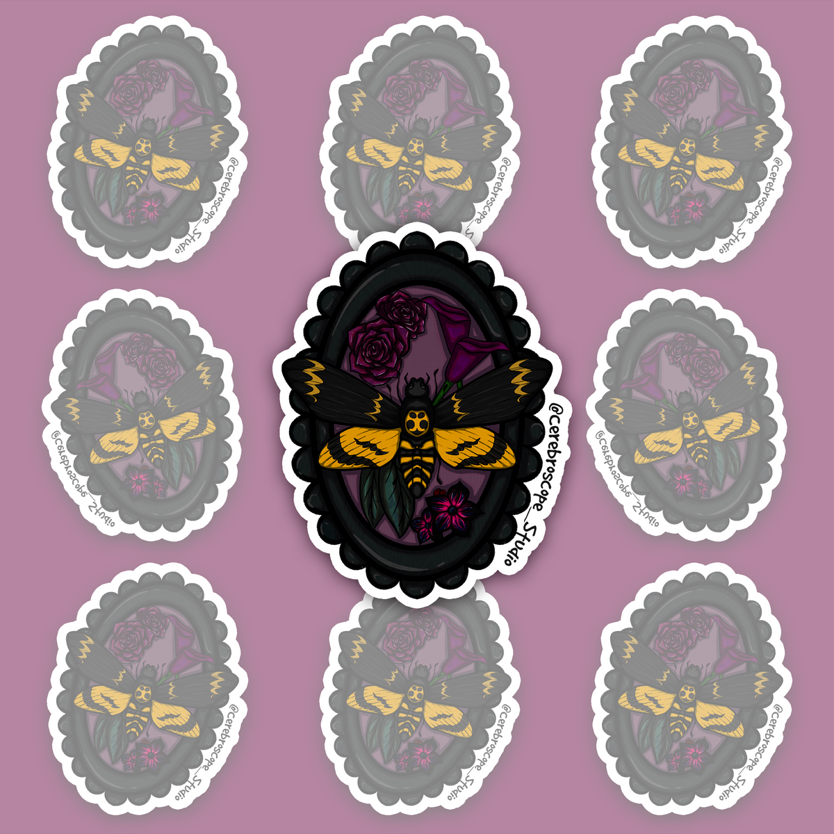 Death’s-head hawkmoth sticker framed by purple roses and dark foliage.
