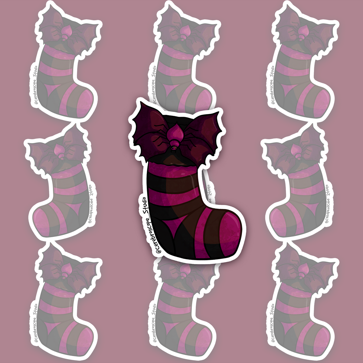 Black and purple gothic Christmas stocking sticker with spider decoration.
