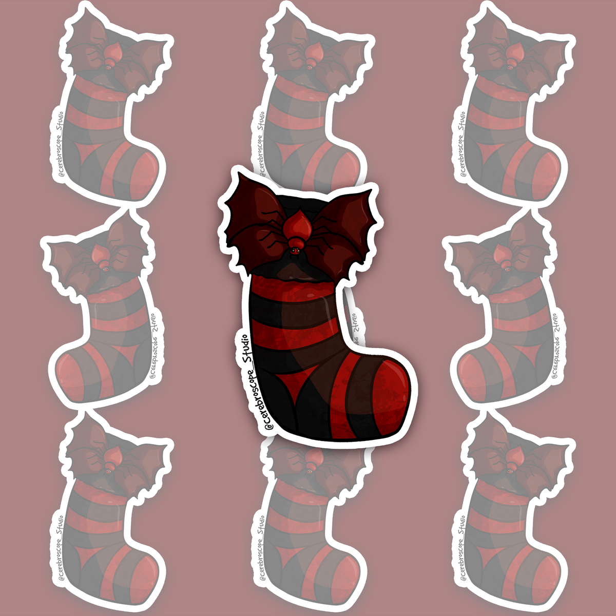 Red and black gothic Christmas stocking sticker with red spider.