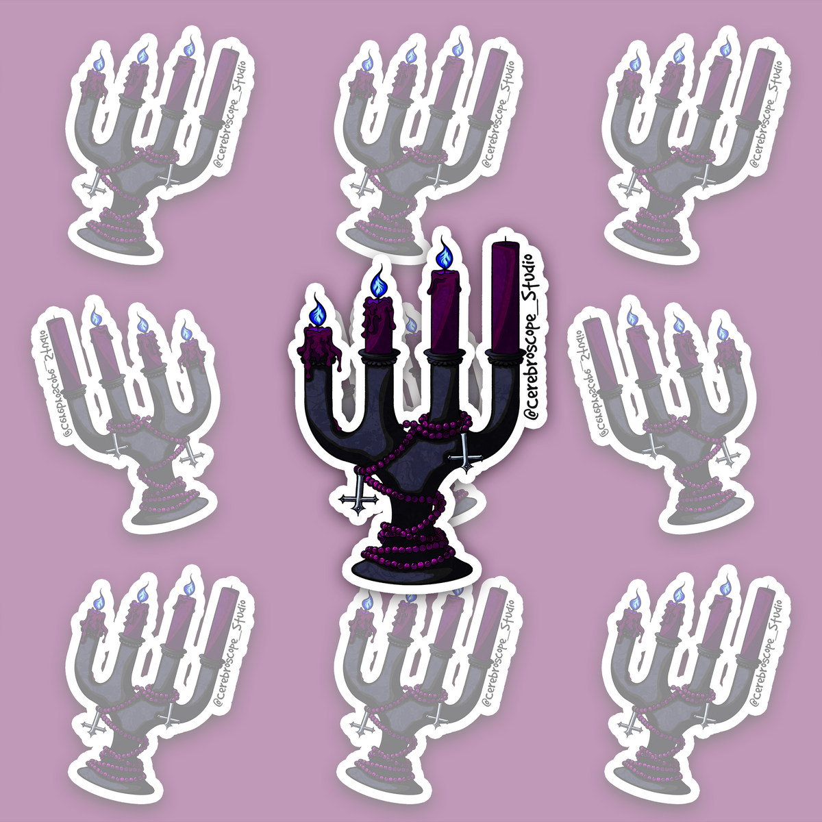 Black gothic candelabra with purple candles, blue flames, purple beads and hanging crosses.