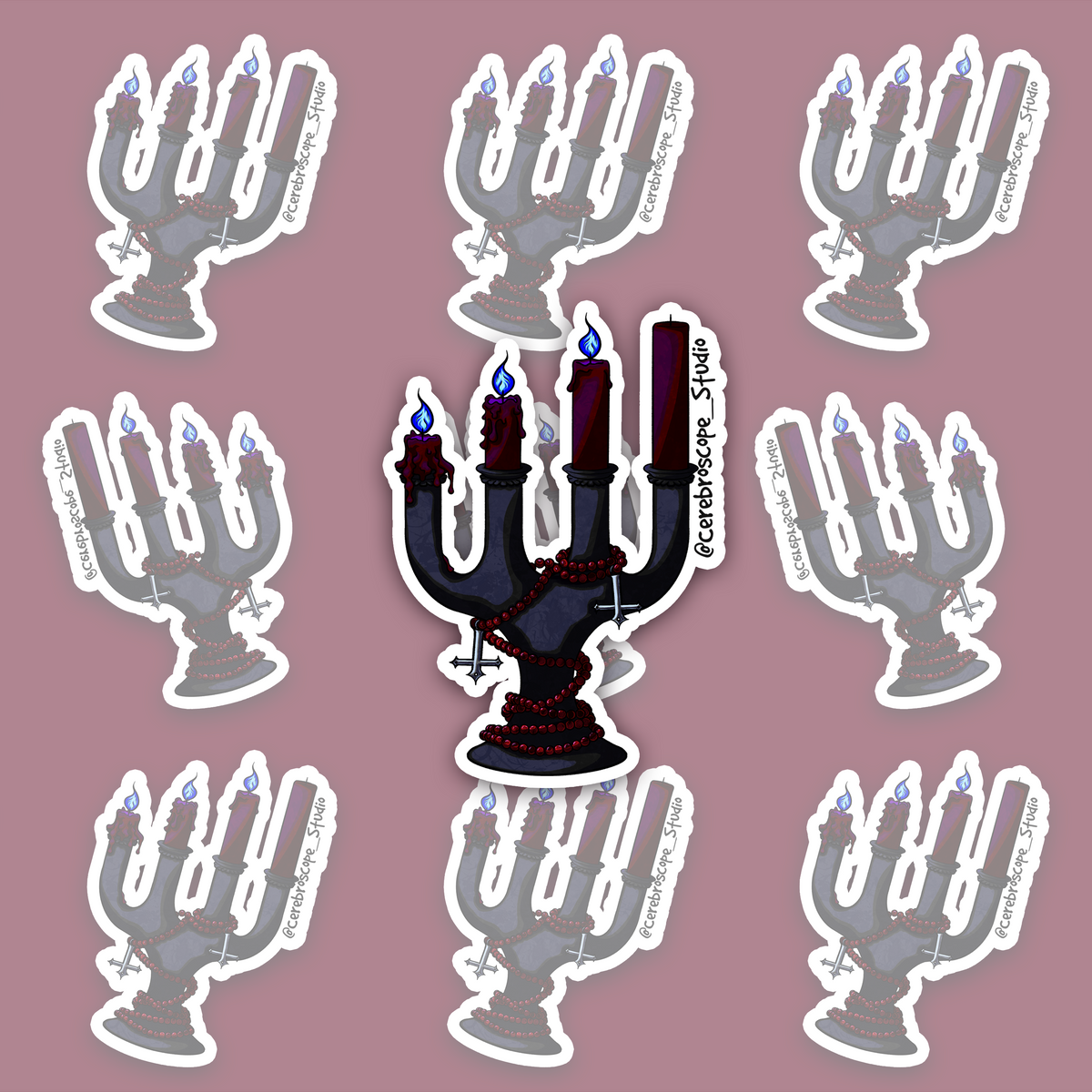 Black gothic candelabra sticker with red candles and blue flames.