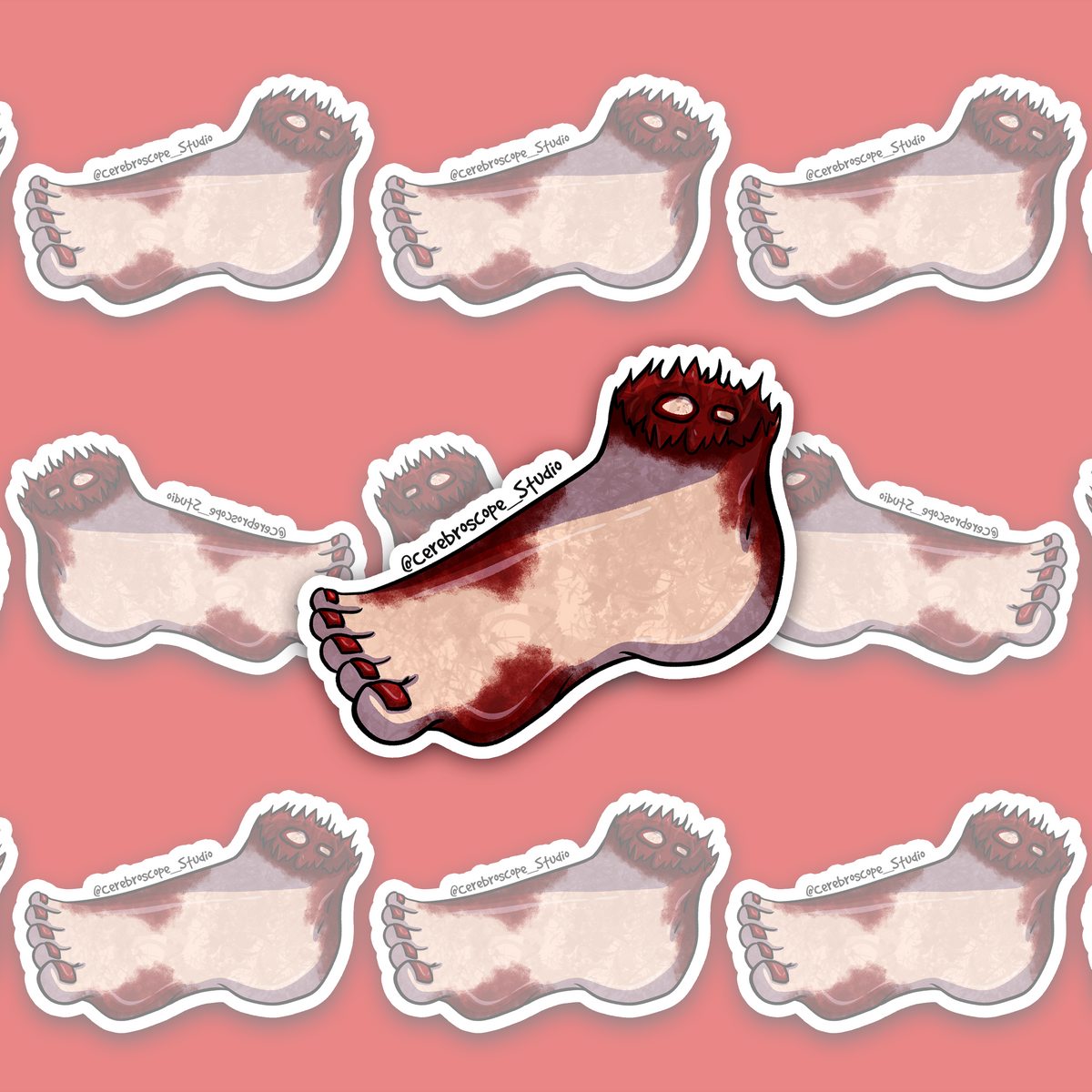 Bloody severed foot horror sticker with exposed tissue and red nails.