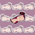 Stylized severed human foot with lilac, purple and burgundy staining around the wound.
