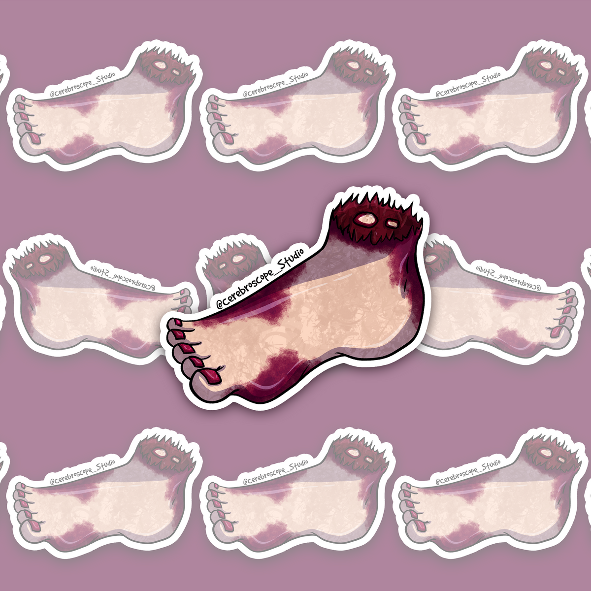 Stylized severed human foot with lilac, purple and burgundy staining around the wound.
